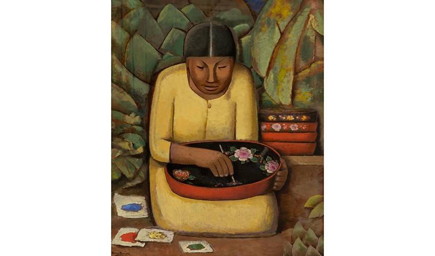 oil on board portrait of Uruapan painter kneeling at work